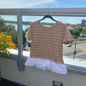 Tan and white striped top with white ruffle